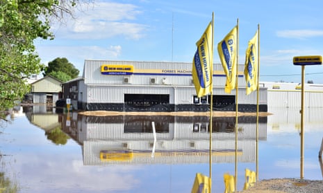 One of the many businesses still inundated by flood waters in Forbes, NSW.