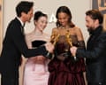 Adrien Brody, winner for best actor, Mikey Madison, winner for best actress, Zoe Saldana, winner of best supporting actress and Kieran Culkin, winner of the best supporting actor in the press room.