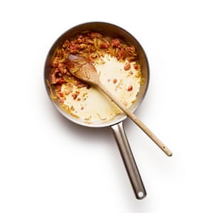 Felicity Cloake Tartiflette 3 Fry the onion and bacon, then add the wine and cook until evaporated. Off the heat, stir in the cream