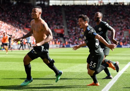 Gabriel Jesus (left) celebrates with Brahim Díaz and Raheem Sterling after his late winner at Southampton on the final day in 2017-18 took City to 100 points