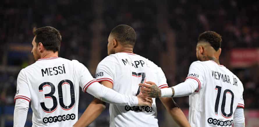 Lionel Messi, Kylian Mbappé and Neymar during Friday’s 3-3 draw at Strasbourg: an extravagance of talent but near impossible to harness in one team.