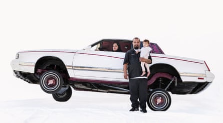 Office assistant Denise, landscaper Jeramy and Vicky with a white customised Chevrolet in Los Angeles, US.