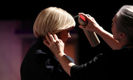 National leader Judith Collins has her hair sprayed.