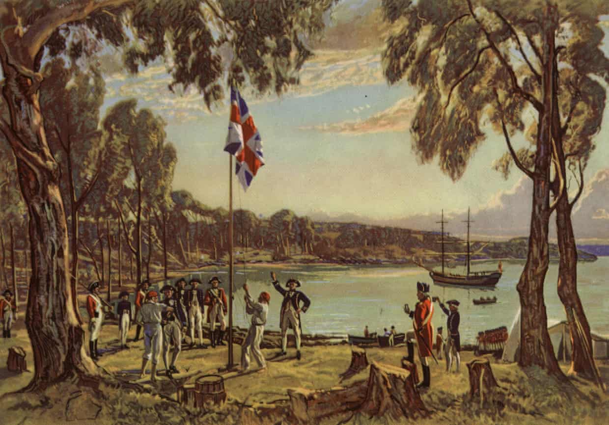 Painting of Captain Arthur Phillip and crew raising the British flag at Sydney Cove