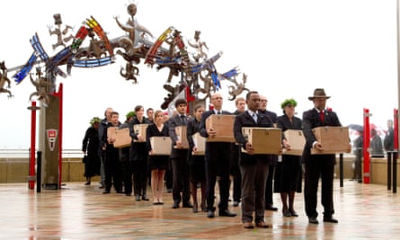 A Maori ceremony at Te Papa Museum in Wellington, New Zealand in 2012. The repatriation team carries 20 Maori mummified tattooed heads (toi moko) that were taken to Europe in the 1700s and 1800s
