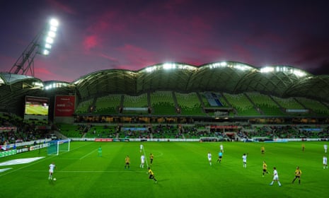 The sun sets over AAMI Park during the A-League match between Melbourne Victory and Wellington Phoenix on Sunday.