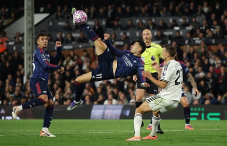 Arsenal's Gabriel Martinelli attempts an acrobatic shot.