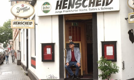 Legendary German author Eckhard Henscheid in front of the Henscheid, Frankfurt, Germany