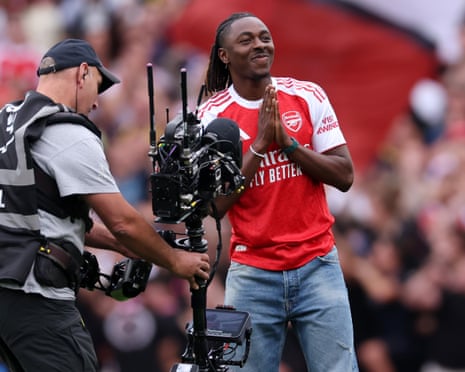 Eberechi Eze is filmed as he is presented to the fans prior to the Premier League match between Arsenal and Leeds United at Emirates Stadium.
