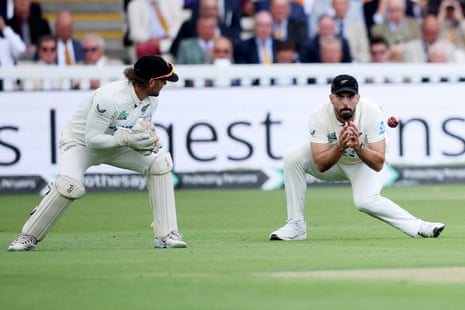 New Zealand's Kyle Jamieson takes a catch to dismiss England's Emilio Gay off the bowling of Daryl Mitchell.