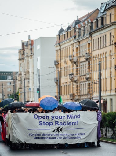 A march supporting refugees in Dresden, eastern Germany, on Monday.