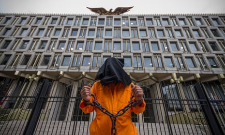 Protesters outside the US embassy in London, campaigning to shut the Guantánamo Bay prison camp.