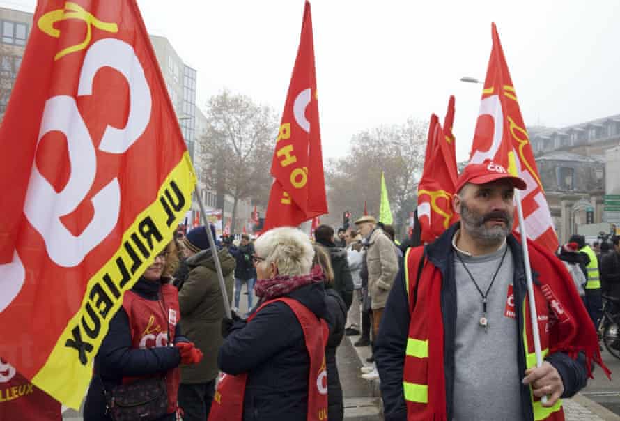 Members of France’s CGT union march in Lyon