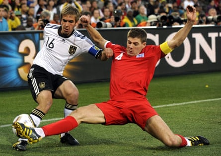 Philip Lahm battles with Steven Gerrard during Germany’s win over England at the 2010 World Cup.