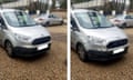 Image of silver van from social media next to image of same van where fake cracks have been added to the bumper