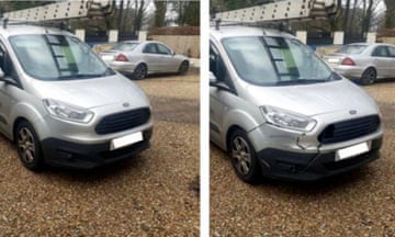 Image of silver van from social media next to image of same van where fake cracks have been added to the bumper