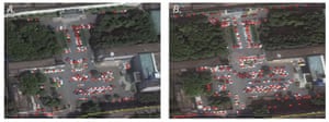 Satellite images of a Wuhan Tianyou hospital car park in October 2018 (L) and October 2019.