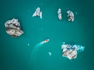 Glacier lagoon boat tour, Iceland. An aerial view of a lagoon formed as a result of global warming.