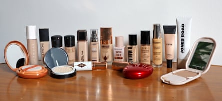 Group shot of the foundations tested for this feature set up on a wooden table.