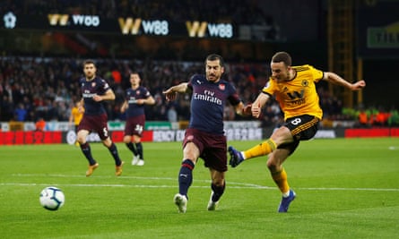 Wolverhampton Wanderers’ Diogo Jota scores their third goal.