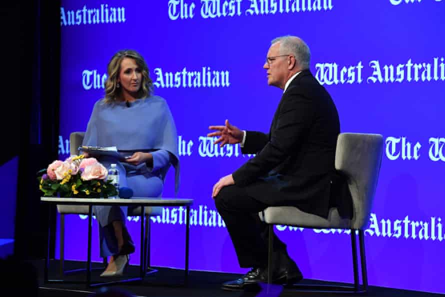 West Australian federal political editor Lanai Scarr and prime minister Scott Morrison at a question and answer session in Perth.