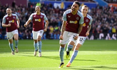 Morgan Rogers of Aston Villa celebrates scoring his team's second goal against Brentford.
