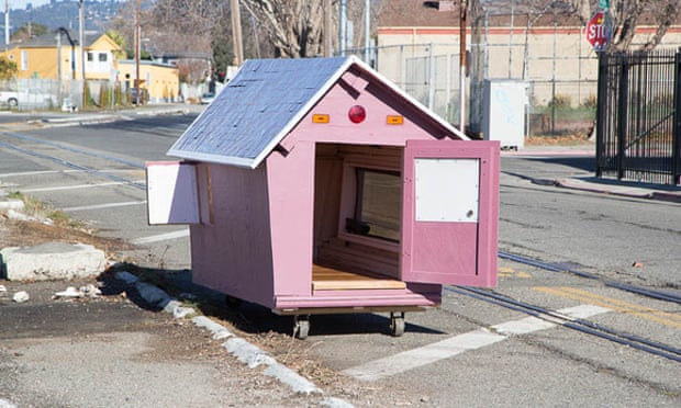 One of Greg Kloehn’s tiny homes. All of the homes that Kloehn builds are constructed out of discarded household items that he finds on the sidewalks and alleys of Oakland: trash, old appliances, broken furniture. They’re all on wheels, so they can be moved.