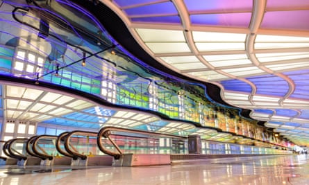 Helmut Jahn’s tunnel passageway of the United Airlines terminal at Chicago’s O’Hare airport, 1988, designed in collaboration with the Canadian neon artist Michael Hayden.
