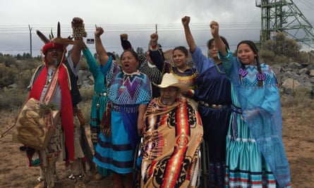 Three generations of Havasupai tribe members demonstrate against uranium extraction outside the Canyon Mine site in 2016.