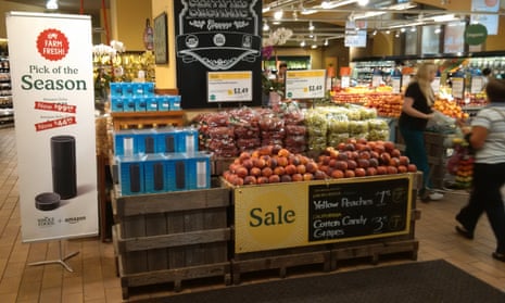 Amazon Echos are available in the produce section at the Whole Foods in the Chelsea neighborhood of New York City.
