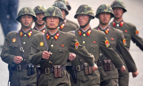 North Korean soldiers march near the demilitarised zone separating the two Koreas.