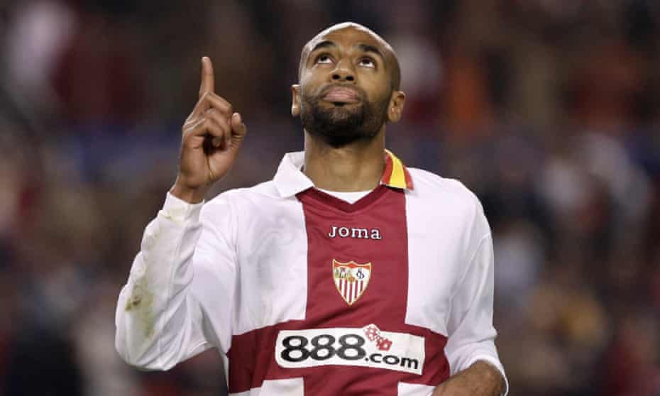Frédéric Kanouté celebrates a goal for Sevilla in the Champions League group stage match against Arsenal in 2007.