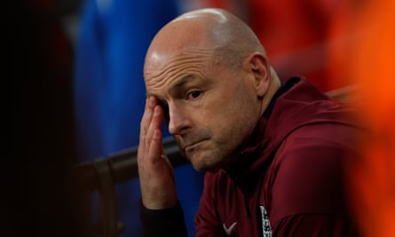 The interim England manager, Lee Carsley, shows his disappointment