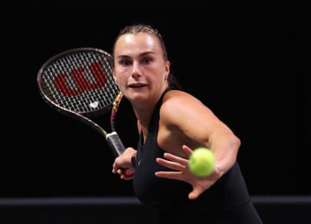 Aryna Sabalenka in action against Nick Kyrgios during the exhibition match in Dubai, 28 December 2025.