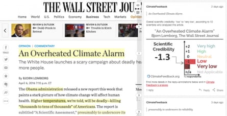 An example of Climate Feedback in action. Scientists’ comments and ratings appear as a layer over the article. Text annotated with Hypothesis is highlighted in yellow in the web browser and scientists’ comments appear in a sidebar next to the article.
