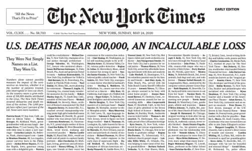 Incalculable Loss New York Times Covers Front Page With 1 000 Covid 19 Death Notices World News The Guardian