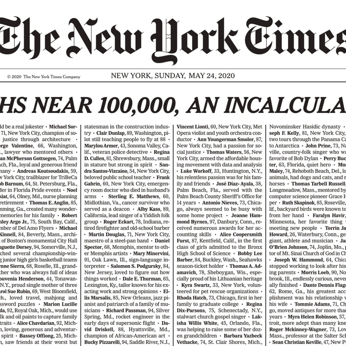 Incalculable Loss New York Times Covers Front Page With 1 000 Covid 19 Death Notices Coronavirus The Guardian