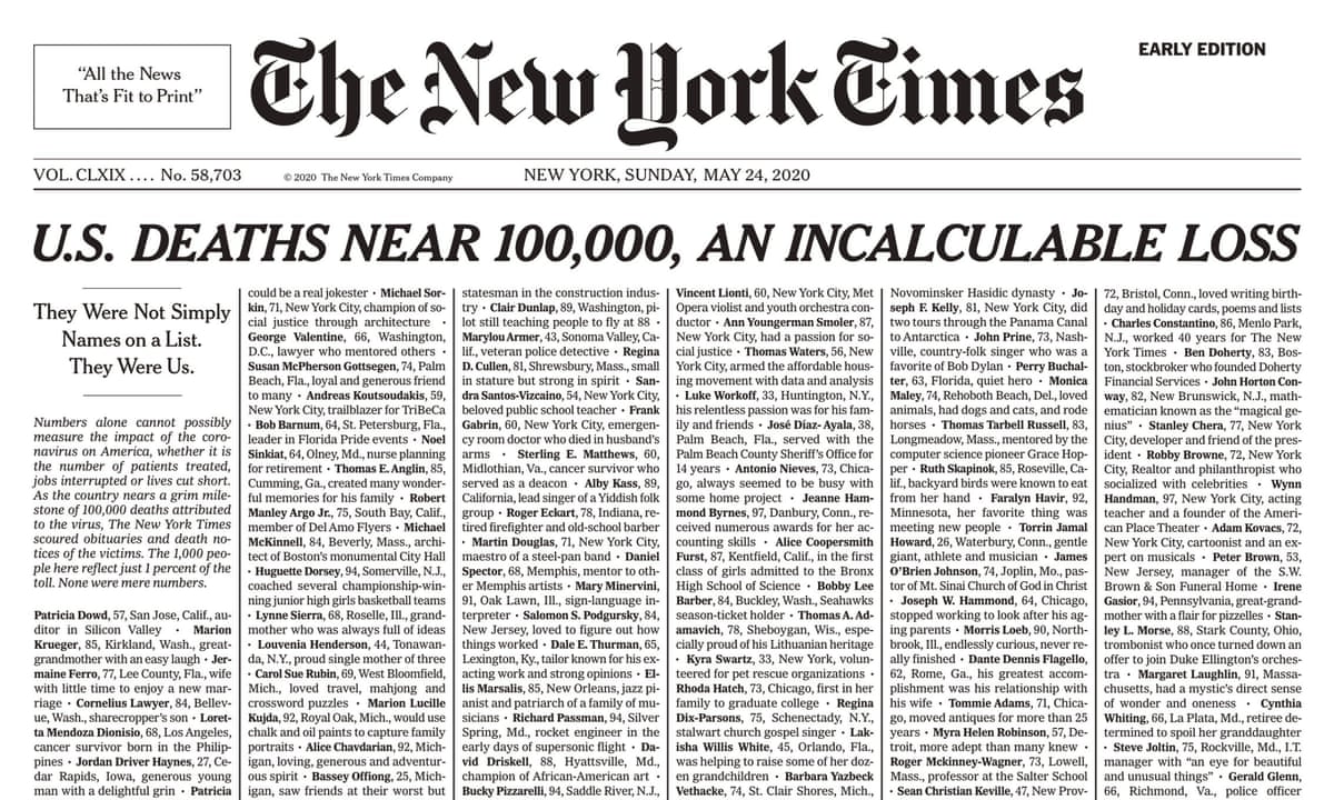 Incalculable Loss New York Times Covers Front Page With 1 000 Covid 19 Death Notices Coronavirus The Guardian