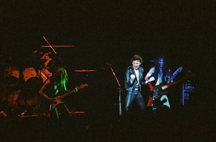Paul Di’Anno (centre) with Dave Murray and Steve Harris at Hammersmith Odeon in 1980.