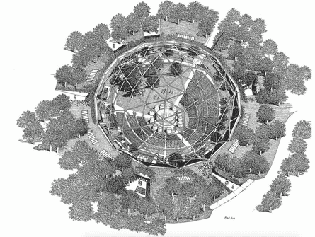 A drawing of a geodesic dome surrounded by trees