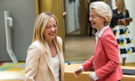 Italian prime minister Giorgia Meloni with Ursula von der Leyen at an EU summit in Brussels, Belgium, 29 June 2023