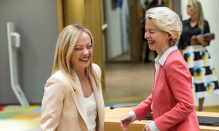 Giorgia Meloni and Ursula von der Leyen both laughing at something