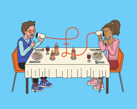 An illustration on a blue background of a man and a woman sitting at a dinner table with candles on, with a pound sign drawn between them in red