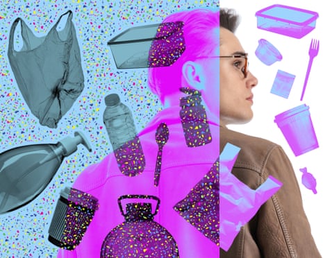 Illustration that shows images of plastic bottles and bags, and tiny bits of plastic, superimposed over a man wearing glasses