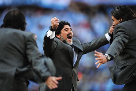 Diego Maradona was Argentina manager at the 2010 World Cup. Here he celebrates a goal against South Korea.