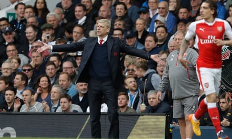 Arsène Wenger shows his frustration during Arsenal’s 2-0 defeat at Tottenham Hotspur on 30 April