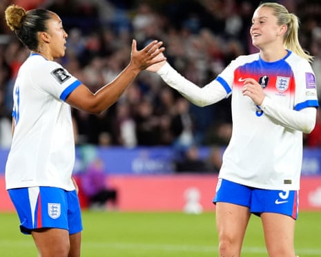 Lauren James is congratulated by fellow goalscorer Alessia Russo after scoring her second and EnglandâÂÂs fourth goal.