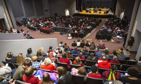 The school board at Chancellor High School in Spotsylvania County, Virgnia prepares to hear public comments earlier this month from those who oppose the board's proposal to ban ‘sexually explicit’ books from school libraries.