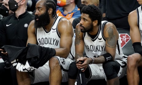 James Harden and Kyrie Irving, alongside Kevin Durant, were supposed to carry the Brooklyn Nets into the NBA Finals. One is no longer with the Nets, while the other can’t play home games. (AP Photo/Matt York)