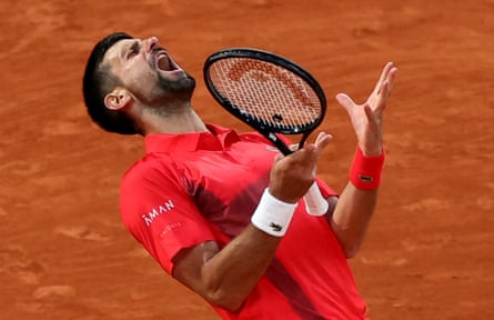 Novak Djokovic screams in frustration during his battling performance at Roland Garros.